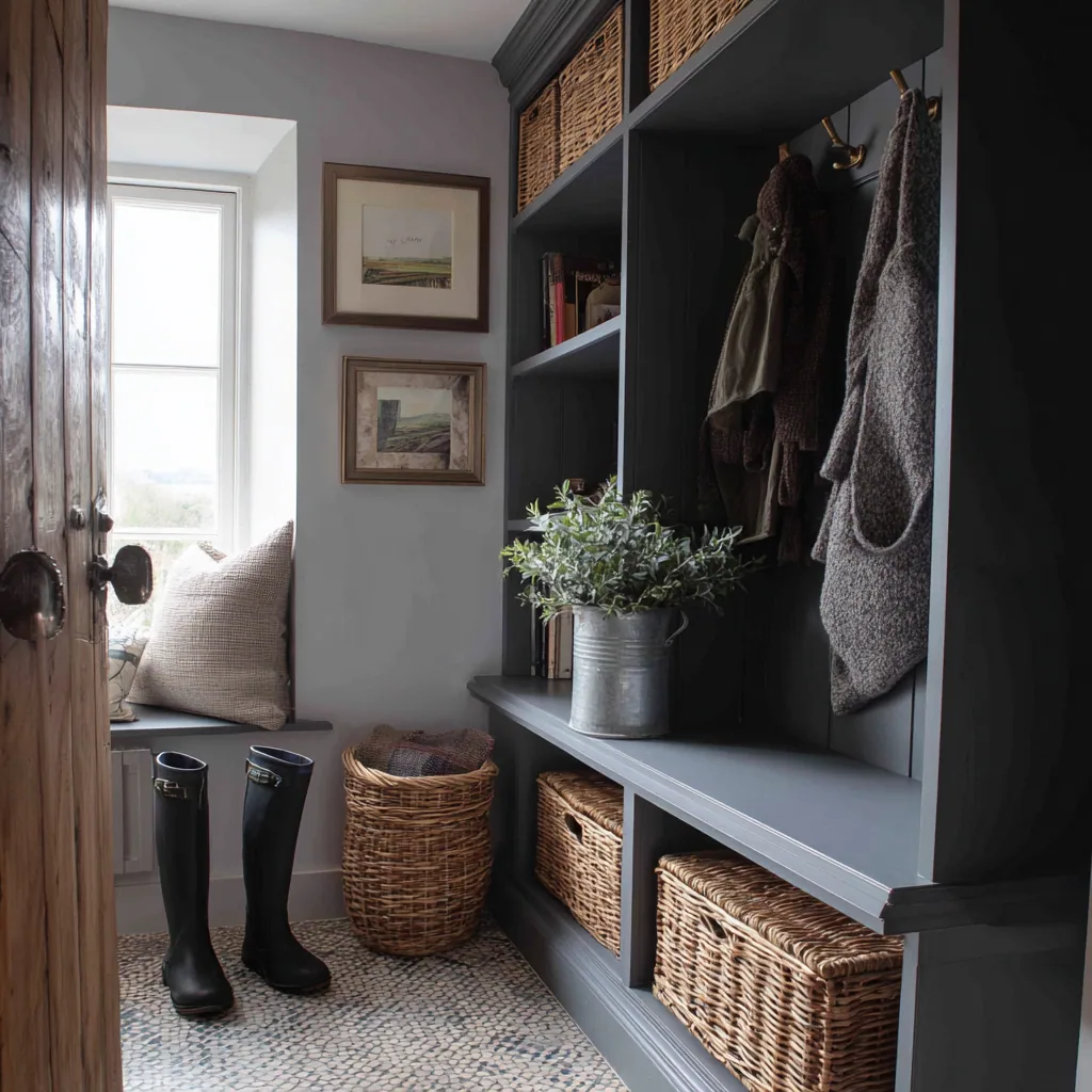 Boot room joinery with hanging space, cubbies and a timber bench seat