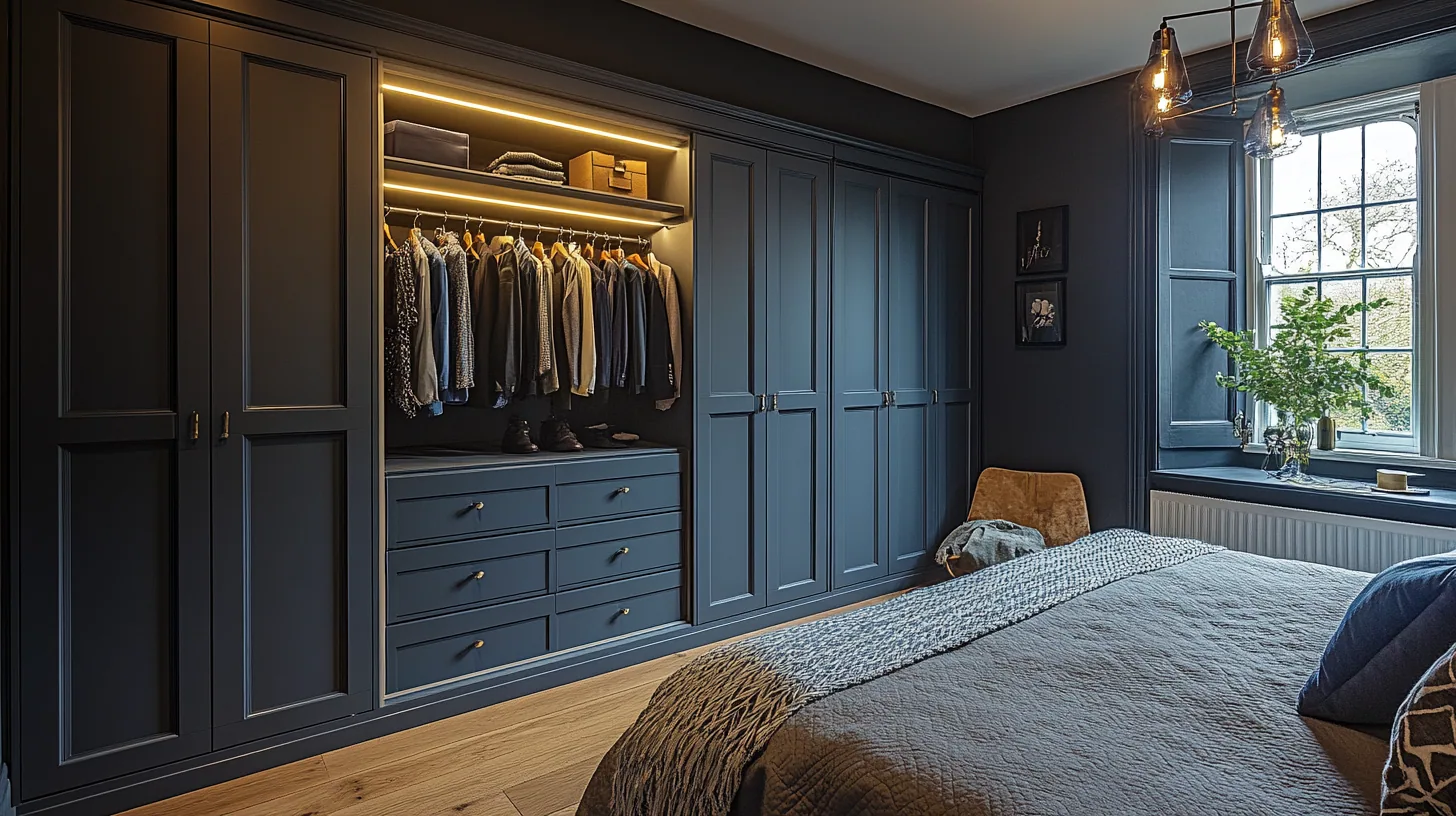 Open hanging with shelving above and drawers below in a compact fitted room