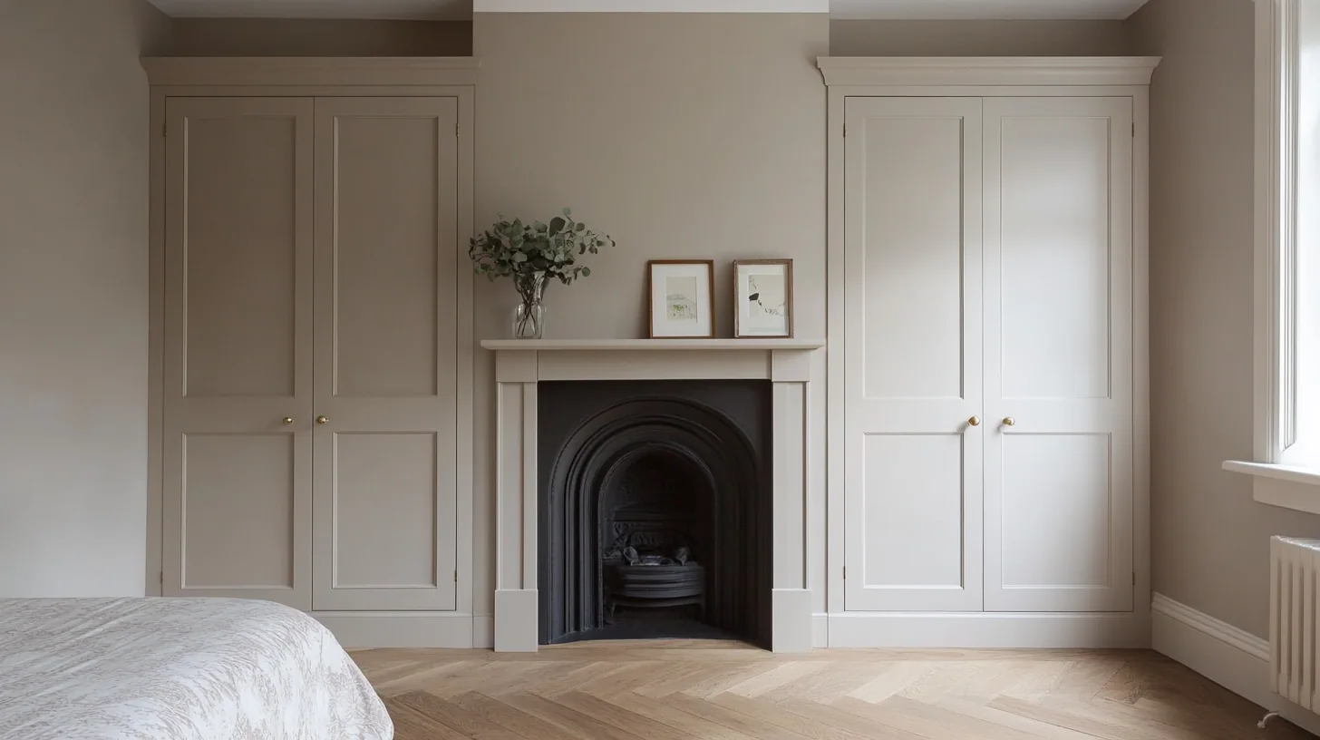 Full height fitted wardrobes in a tall Victorian room, run up to the cornice